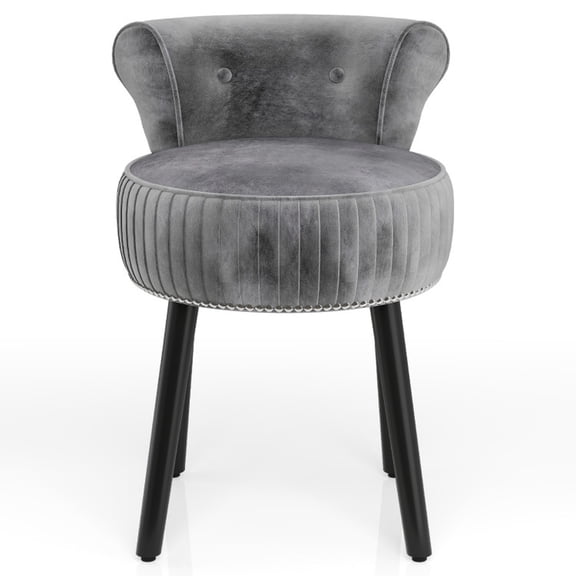 Furnibear Velvet Vanity Stool with Back, Upholstered Makeup Vanity Chair with Tufted Low Back and Solid Wood Legs, Gray
