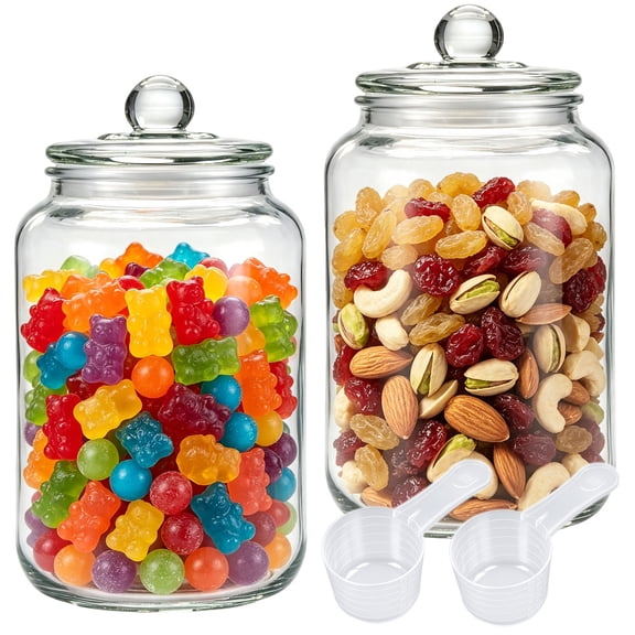 2 Pack Glass Storage Jars, 0.8 Gallon Cookie Jar with Airtight Lid & 2 Measuring Cups, Large Food Storage Containers for Kitchen Counter, Pantry Organization for Dry Fruit, Cookie, Sugar, Snacks