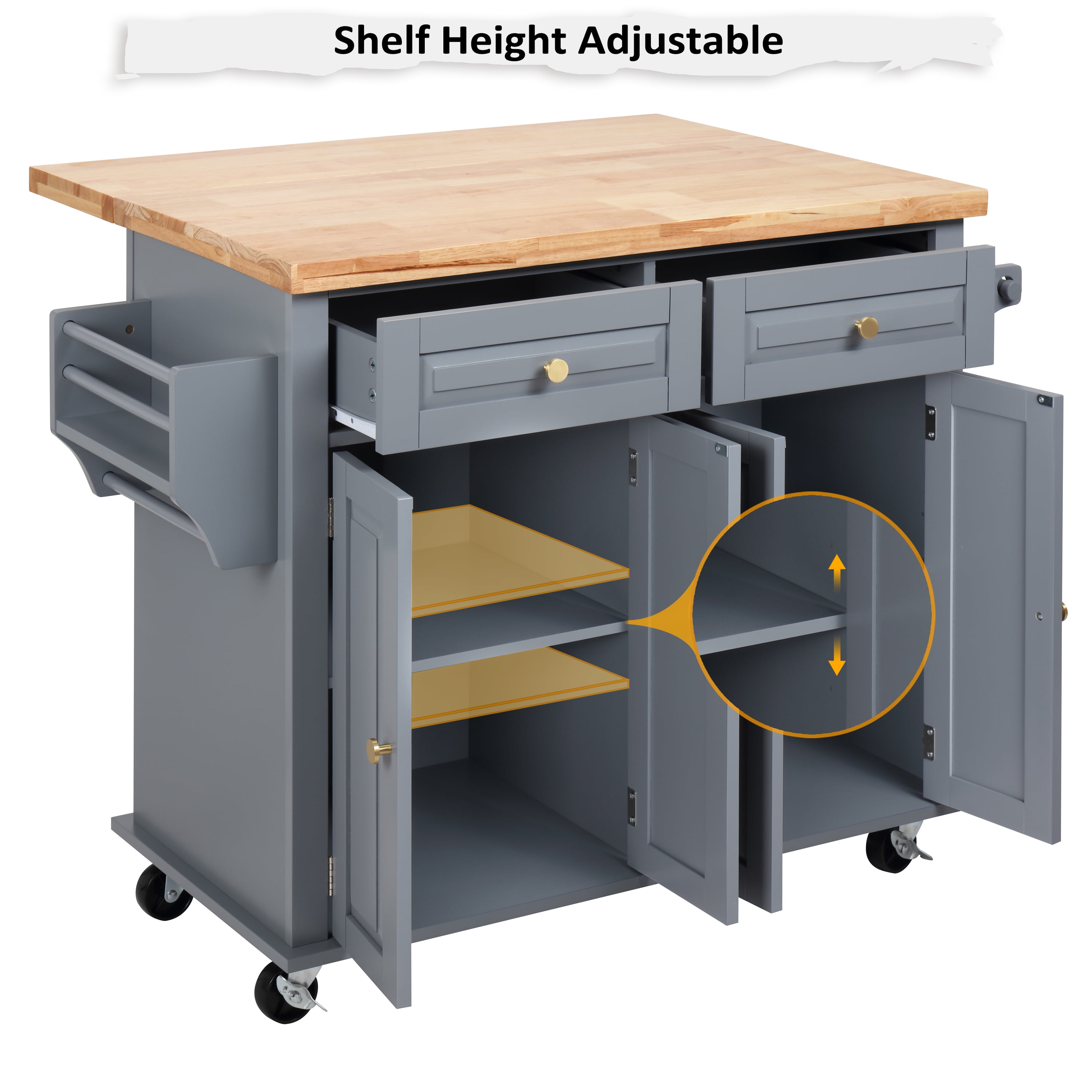 Finnhomy Rolling Kitchen Island with Drop Leaf, Thicken Rubberwood Top, 43.3-inch Portable Mobile Storage Cart