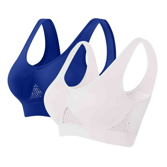 Women Wireless Bras 2 Pack Breathable Sports Bra Ladies Workout Mesh Brassiere Soft Comfy Wireless Bra Push up Balconette with Removable Pads Blue L