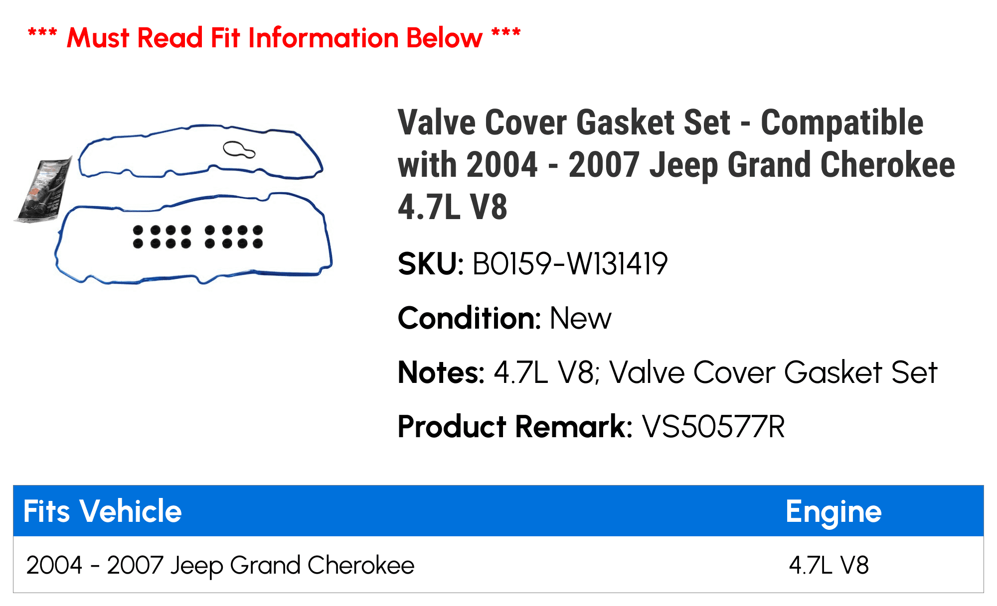 Valve Cover Gasket Set For 4.7L V8 – Fits Jeep Grand Cherokee & Dodge Durango 2004-2007