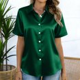 thumbnail image 5 of Women's Satin Blouse Tops Shirts Short Sleeve Button Down Solid Color Silk Satin Business Casual Office Work Daily Wear Elegant Dressy 2025 Trendy Regular Fit Shirt Green B XL, 5 of 7