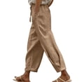 thumbnail image 4 of Yourumao Linen Barrel Pants for Women Drawstring Elastic Waist Pants Lightweight Solid Cropped Trousers Loose Leisure Beach Pants with Pocket, 4 of 9