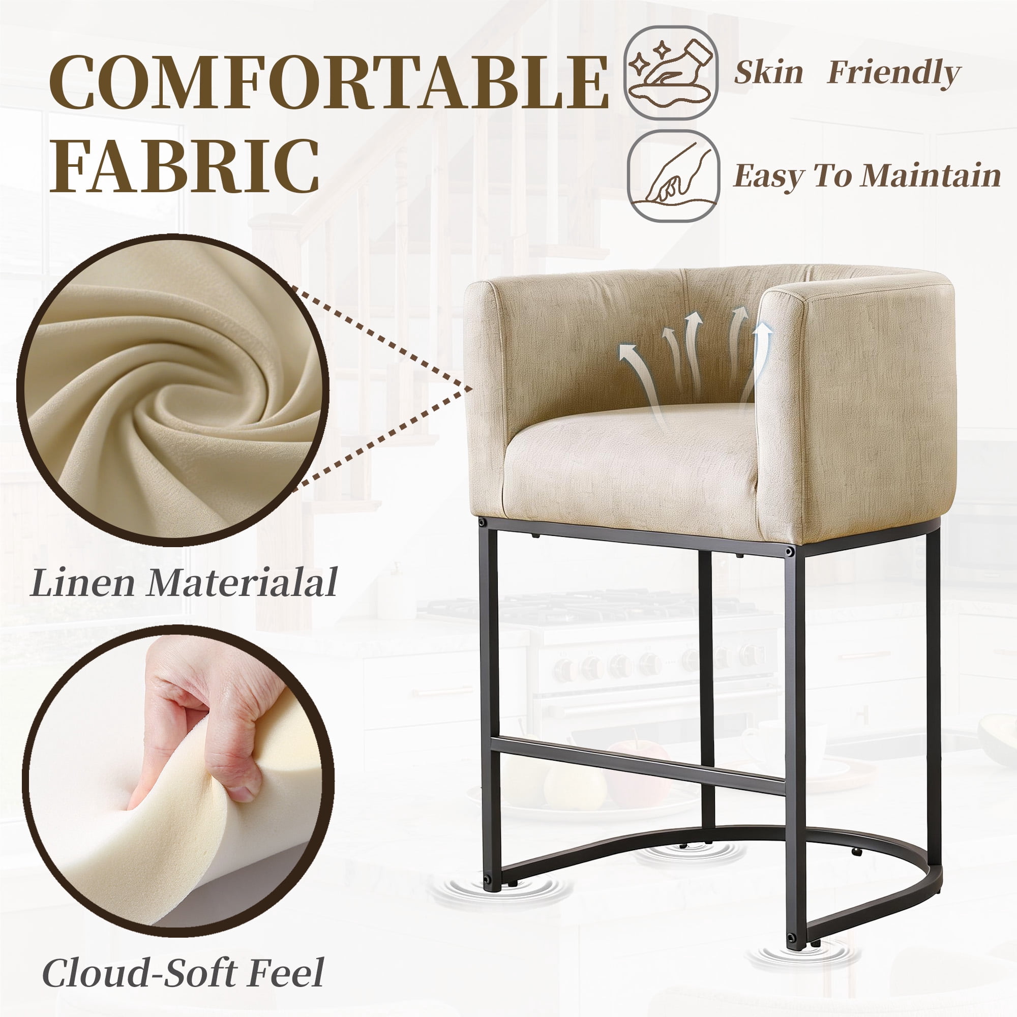 CRERIYO 26" Counter Height Bar Stools Set of 4, Fabric Upholstered Modern Barrel Bar Chairs with Metal Frame, Camel