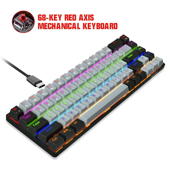 Oggfader Keyboards for Computers 68 Key Mechanical Keyboard Type C Wired RGB LED Backlit Blue/Red Gaming Mech Keyboard