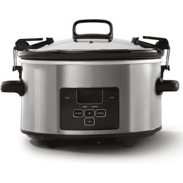 4 Quart Travel Proof Cook and Carry Programmable Slow Cooker with Locking Lid, Convenient Handles, and Digital Display, Stainless Steel