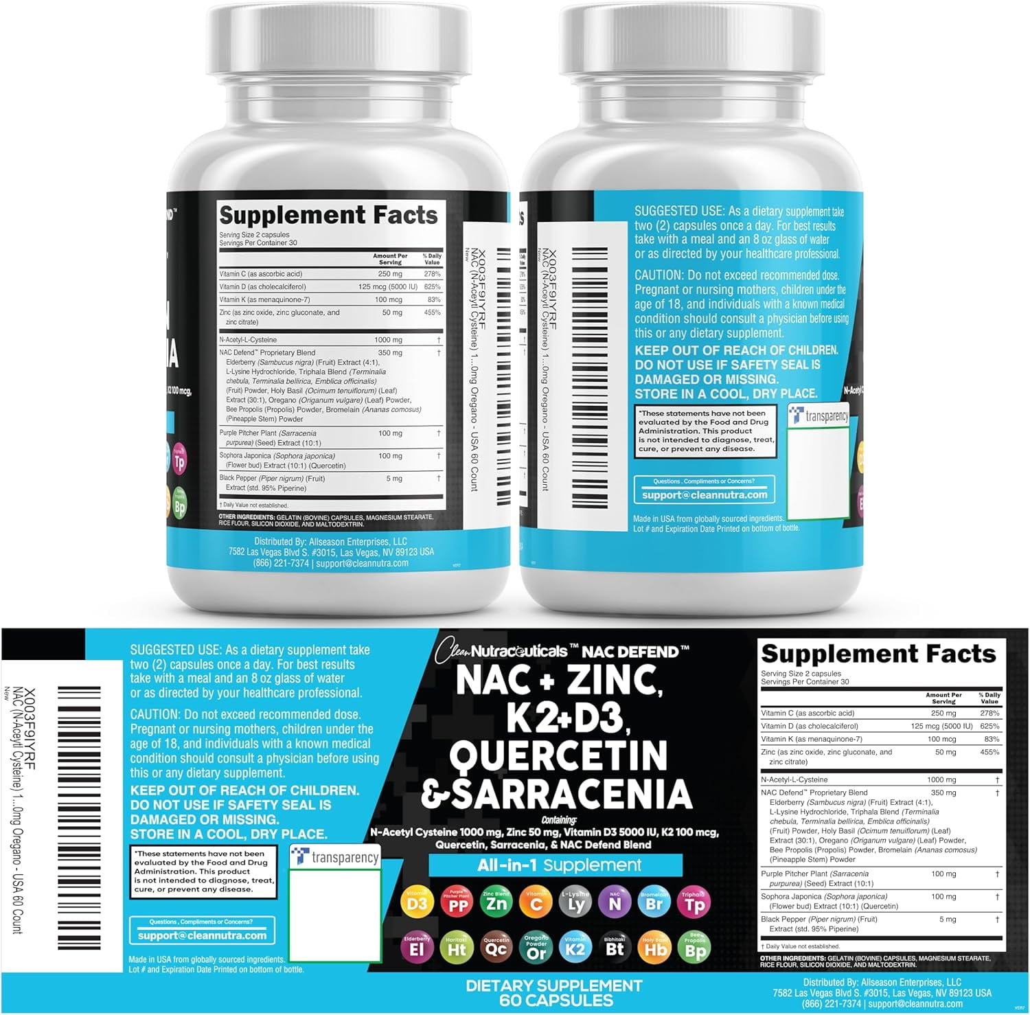 NAC Supplement N-Acetyl Cysteine Vitamin D3 K2 Zinc Quercetin Sarracenia Purpurea Immune Support | Elderberry Holy Basil Bee Propolis Bromelain L-Lysine Capsules Supplements For Women Men Adults