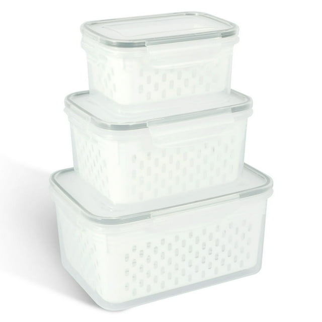 3Pcs Fruit Storage Containers for Fridge Vegetable Storage Containers with Removable Colanders Different Sizes Airtight Food Storage Box Microwave Safe Produce Saver Containers