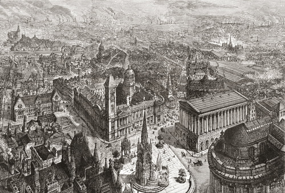 General view of Birmingham West Midlands England in the 19th century showing the Council House Town Hall and Chamberlain Memorial From Cities of the World published c1893 Canvas Art - Ken Welsh Desig
