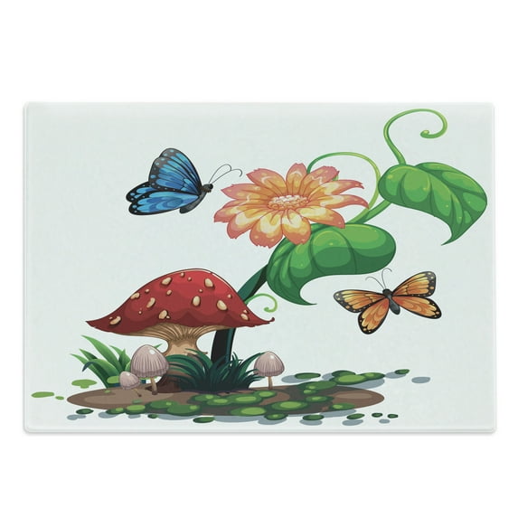 Mushroom Cutting Board, Illustration of Flowering Plant Butterflies Vibrant Color Wings Creatures Universe, Decorative Tempered Glass Cutting and Serving Board, Large Size, Multicolor, by Ambesonne