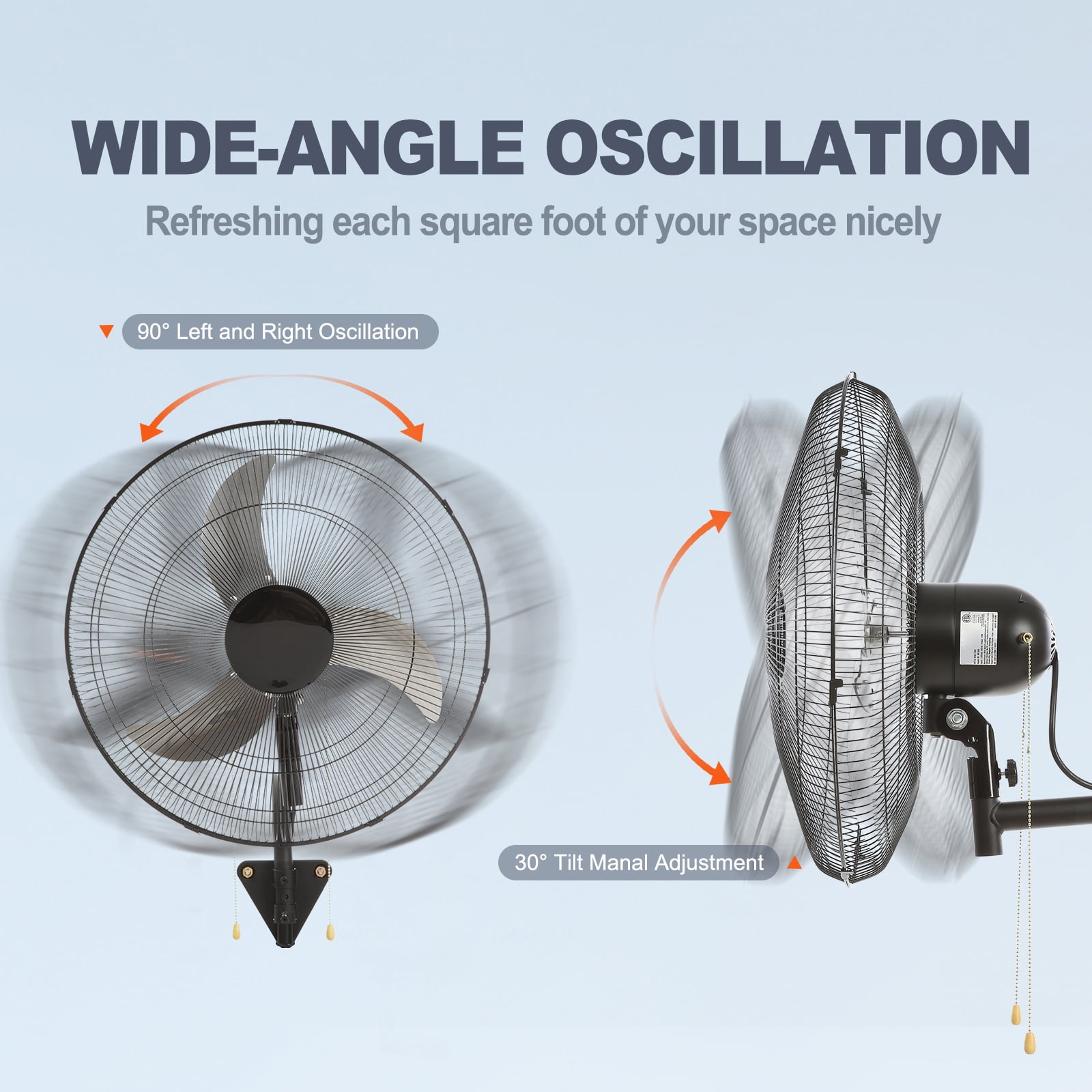 BENTISM Industrial Wall Mount Fan Oscillating Metal Fan 17.5'' 3 Speed Ventilation