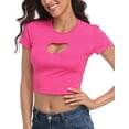 thumbnail image 5 of HDE Women's Heart Cut Out Crop Top Short Sleeve T Shirt Hot Pink - M, 5 of 6