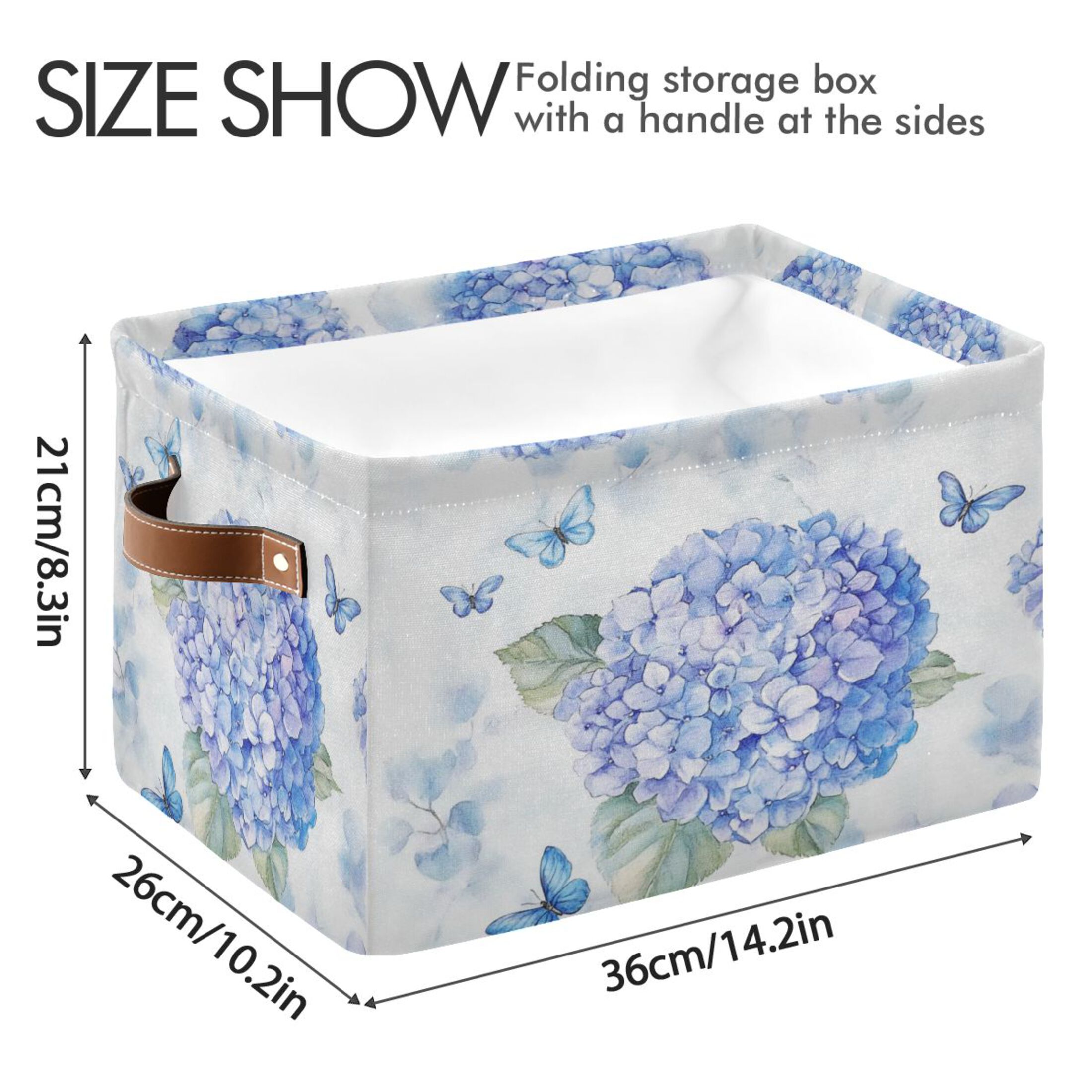 Blue Hydrangea Pattern Foldable Storage Basket,Canvas Fabric Foldable Storage Bins with Handles Open Home Storage Bins Boxes for Toy Book Shelf Closet Baskets