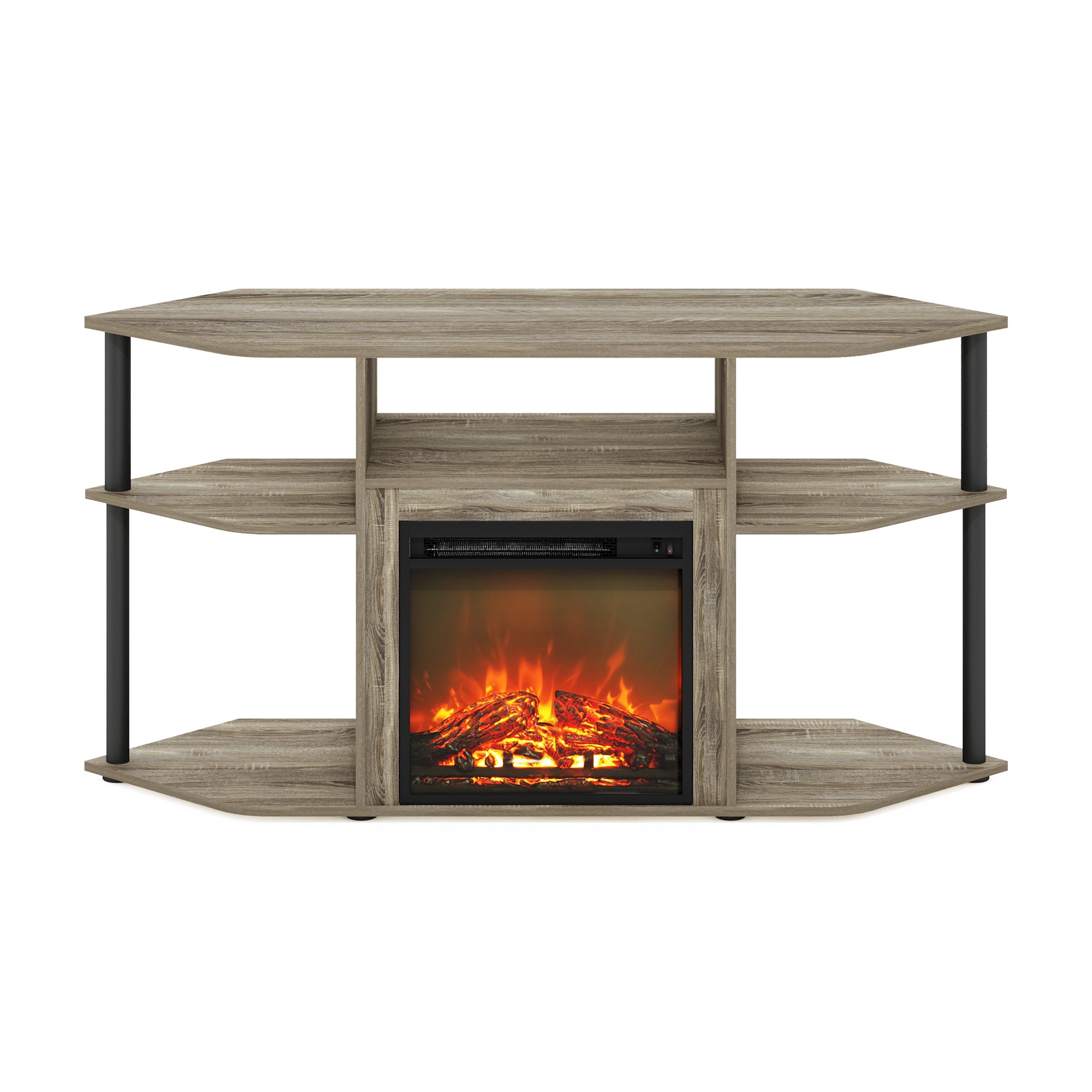 Furinno Jensen Open Storage Corner Fireplace TV Entertainment Center with Plastic Poles for TV up to 55 Inch, French Oak Grey/Black