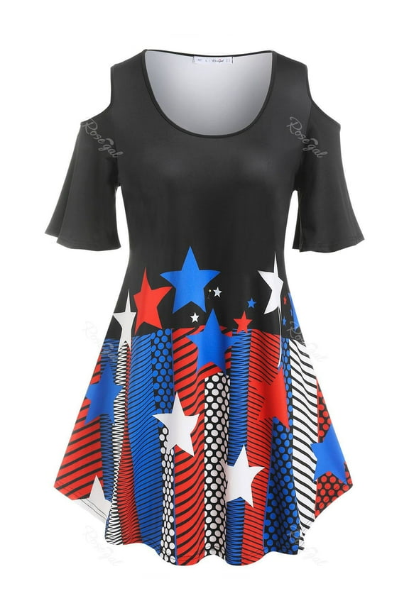 Plus Size Geometry Print Open Shoulder Tee