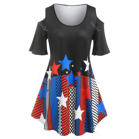 Rosegal Plus Size Geometry Print Open Shoulder Tee