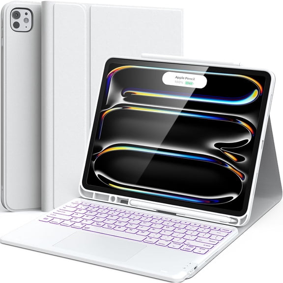 White Magnetic Detachable Backlit Keyboard Case for iPad Pro 13" (M4 2024 / M5 2025), Dual Bluetooth, Trackpad & Pencil Holder