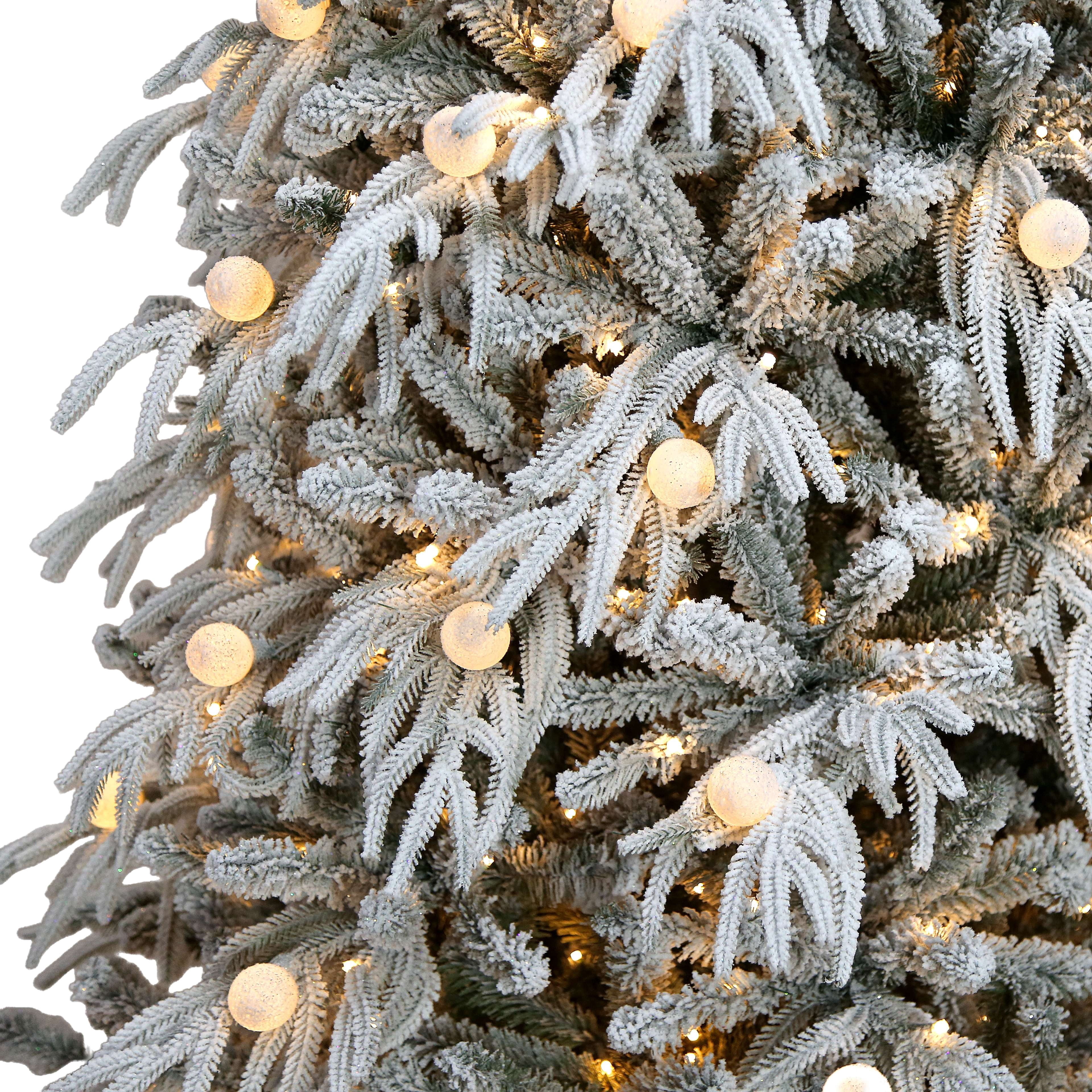 7.5' Pre-Lit Aurora Full Snow-Flocked Green Artificial Christmas Tree with 600 Warm White LED Lights and Stand, by Holiday Time