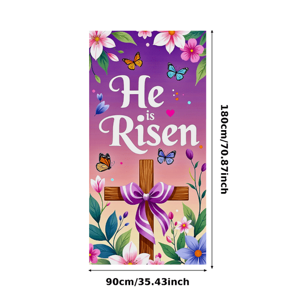 Floral Themed Easter Banner with Cross Butterflies He is Risen Decoration Backdrop Party Supplies for Church Celebrations Easter Gatherings Family Events