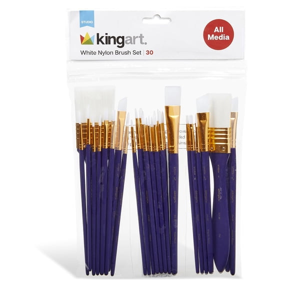 KINGART® Studio All-Purpose Art, Craft & Hobby White Nylon Paint Brushes, Set of 30