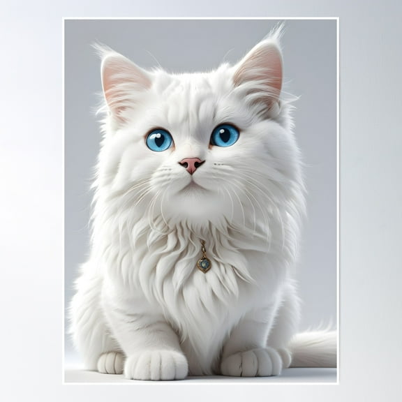 Cute White Kitty Cat Portrait Blue Eyes Poster Wall Art, Modern Wall Decor, 8x12 UNFRAMED