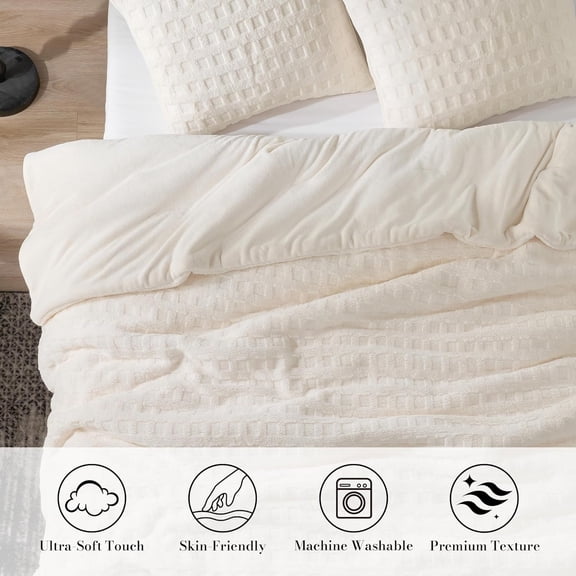 Waffle Comforter Queen Set, Beige Fluffy Fleece Bed Set, Super Warm Fluffy Plush Bedding Set for Winter, 3 Pieces,1 Cozy Comforter and 2 Pillowcases