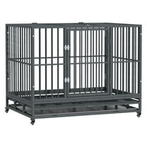 Heavy Duty Dog Cage 42" Metal Kennel with Wheels, Double Door, Removable Tray, Gray - for Medium & Large Dogs up to 88lbs