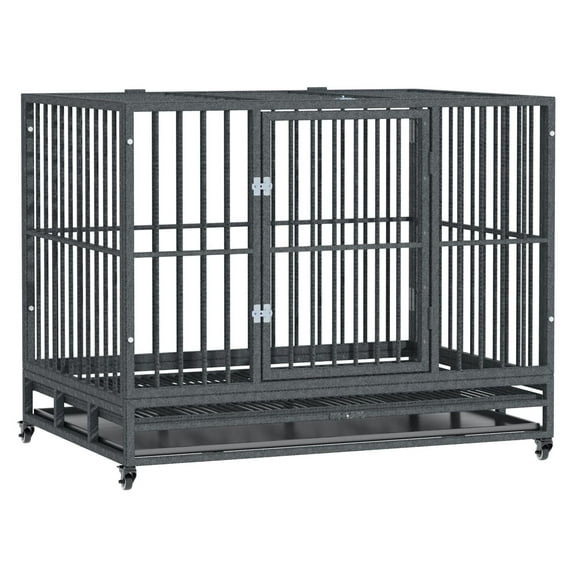 Heavy Duty Dog Cage 42" Metal Kennel with Wheels, Double Door, Removable Tray, Gray - for Medium & Large Dogs up to 88lbs