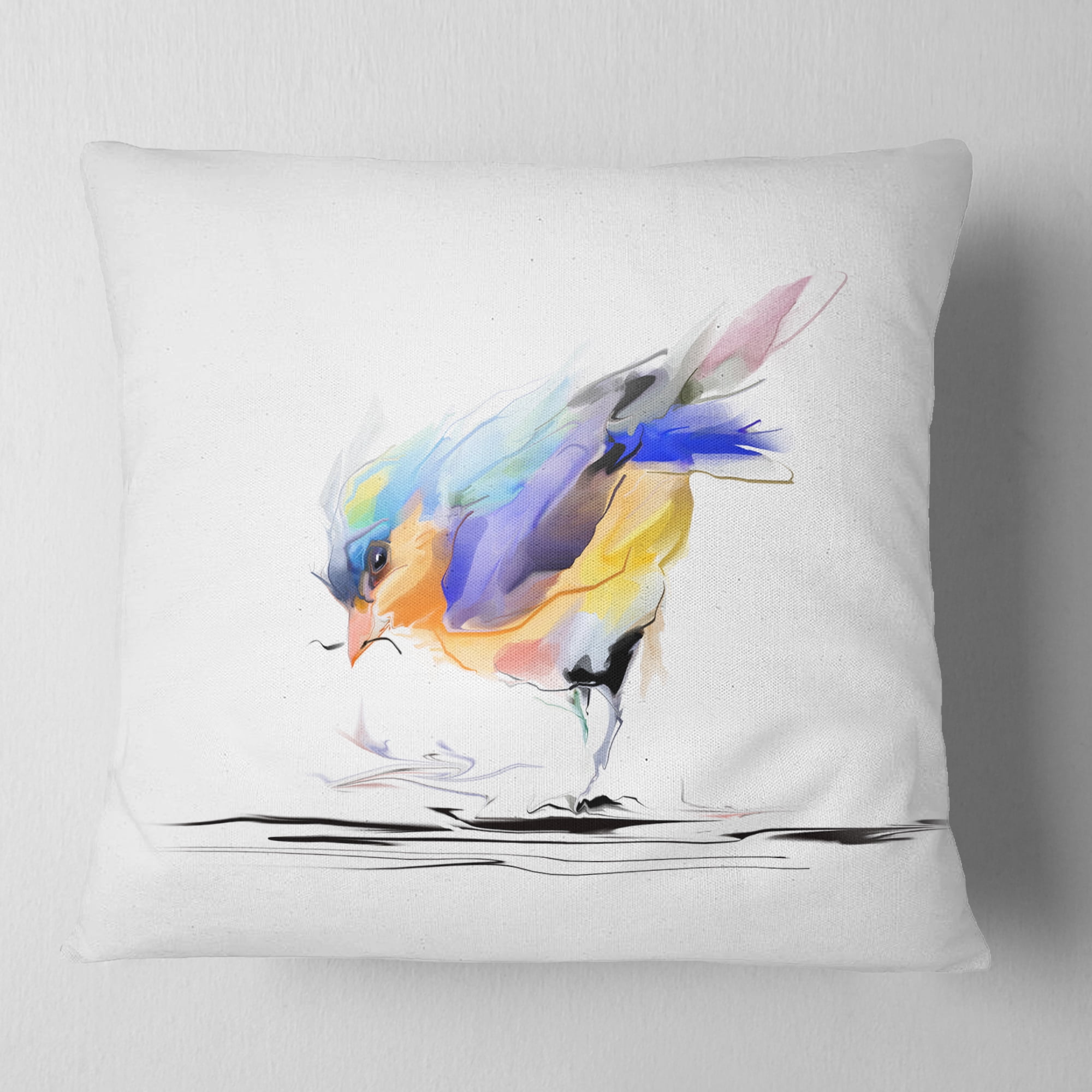 Designart Cute Bird in Purple and Yellow - Watercolor Painting Throw Pillow - 16x16