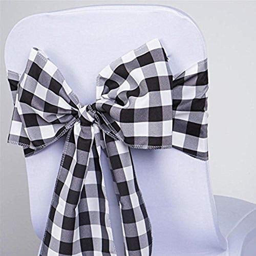 AK-Trading - 6"x108" Gingham Polyester Chair Sashes Tie Bows Catering Outdoor Party Decorations - Pack of 6 - Black/White