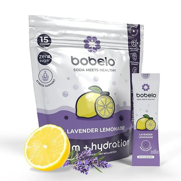 Bobelo Patented Bubbles, Lavender Lemonade, Stress Relief Powdered Drink Mix, 0.28 oz, 15 Count Packets
