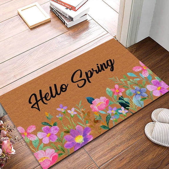 Hello Spring Door Mat for Front Door Welcome Matt Outdoor with Wildflower Bouquet Doormat Indoor Entrance with Flowers, Home Floral Decor