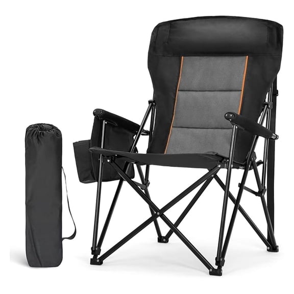 Oversized Camping Chairs 29.52" High Back Heavy Duty Lawn Chair Support 500LBS, Portable Collapsible Chair with Cup Holder, Side Pocket(Black)