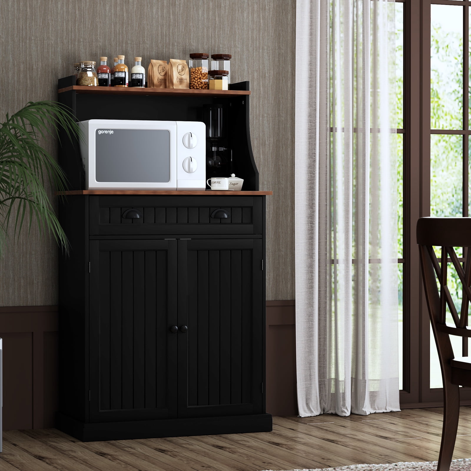 Kitchen Microwave Pantry Storage Cabinet with Drawers & Cabinets for Kitchen Organization, Black