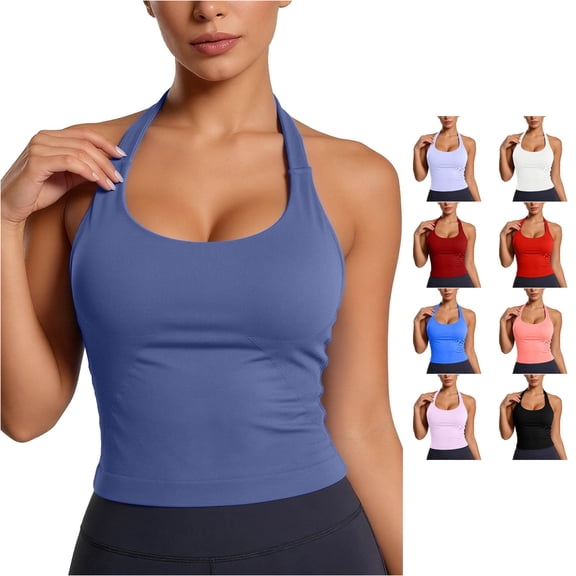 NinXxx Women's Workout Yoga Tank Top with Built In Bra Racerback Athletic Camisole Blue2 L