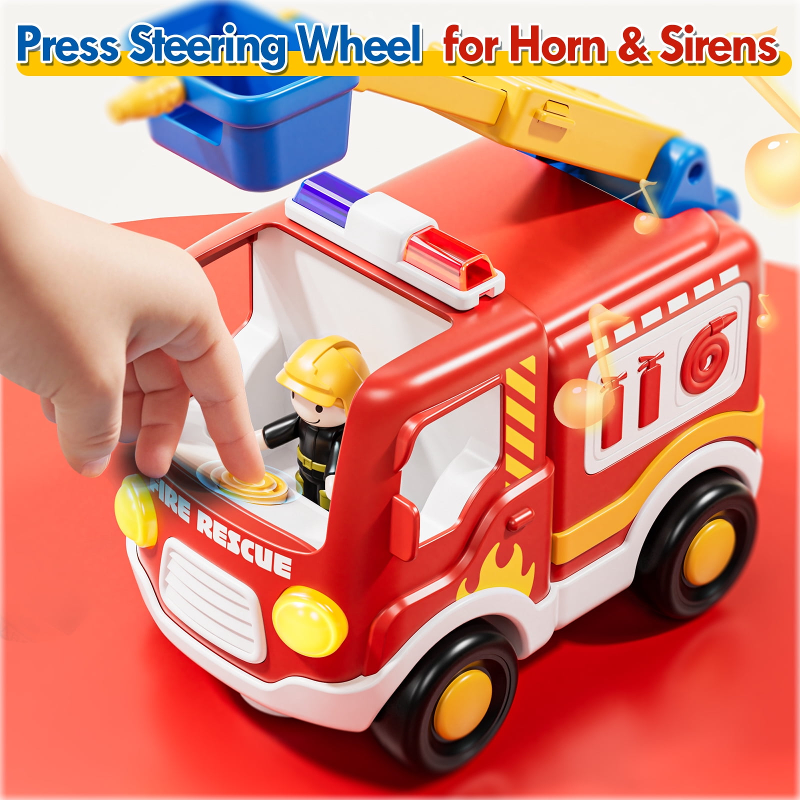 Toys for 2 Year Old Boys Toys, Rechargeable Remote Control Car for Toddler, Kids Toys Age 2 3 4 5, Fire Car with LED Lights & Music, Gifts for Toddler Boys 18+ Months