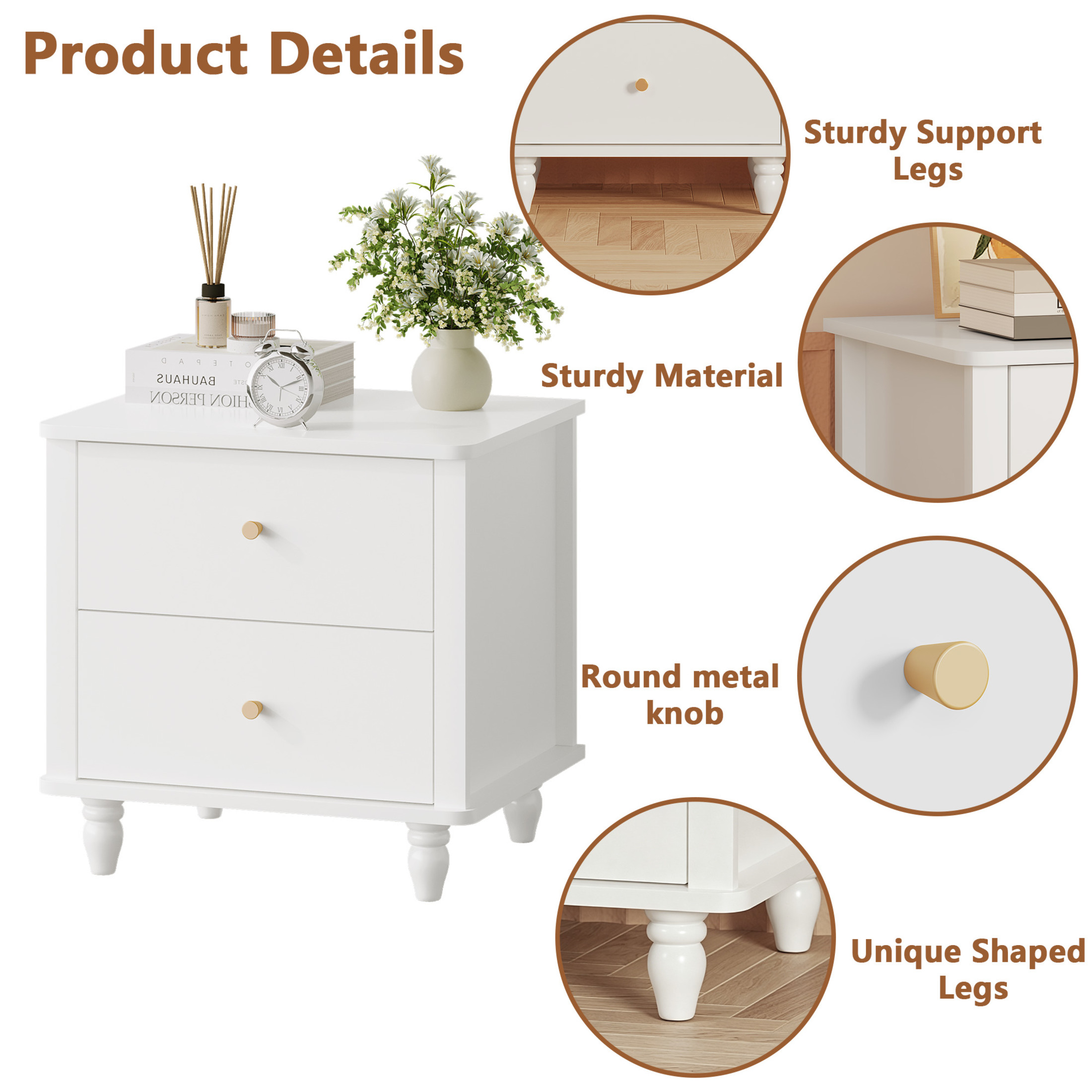 Noble House Reina Modern 2-Drawer Nightstand with Round Knobs, Small Bedside Cabinet End Table for Bedroom, White