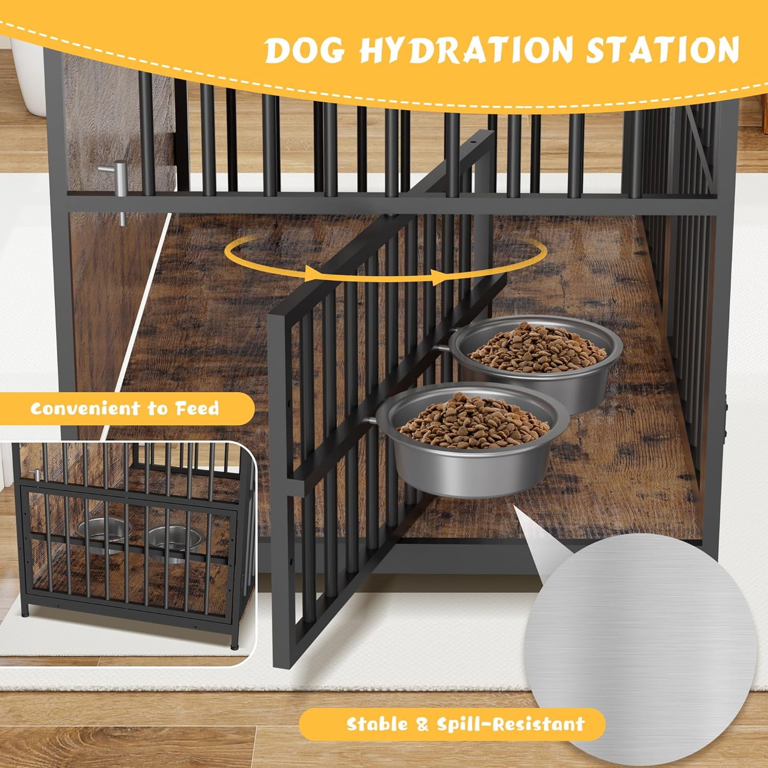 Haverchair 41" Dog Crate Furniture, Indoor Wooden Large Dog Kennel with 2 Rotating Feeder Bowls, Heavy Duty Dog Crates with Charging Station as End Table