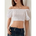 thumbnail image 5 of Gupgi Women's Off Shoulder Cropped Tops Lace Embroidery Short Puff Sleeve Show Navel T-Shirts, 5 of 8