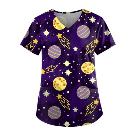 

QWERTYU Scrubs Top for Women Professionals Easter T Shirt Working Pockets Uniform V Neck Short Sleeve Nursing Scrubs Purple 4XL