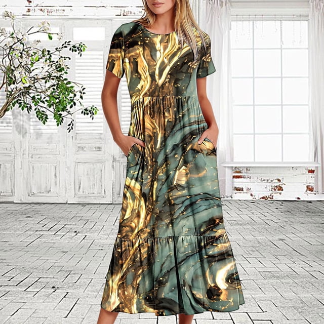 Fshaion Robe d'Été pour Femmes 2024 Grande Taille Décontractée Manches Courtes Col Rond Robe Décontractée Fluide à Étages Maxi Robe de Plage avec Poches Imprimée en Liquidation à Moins de 10!