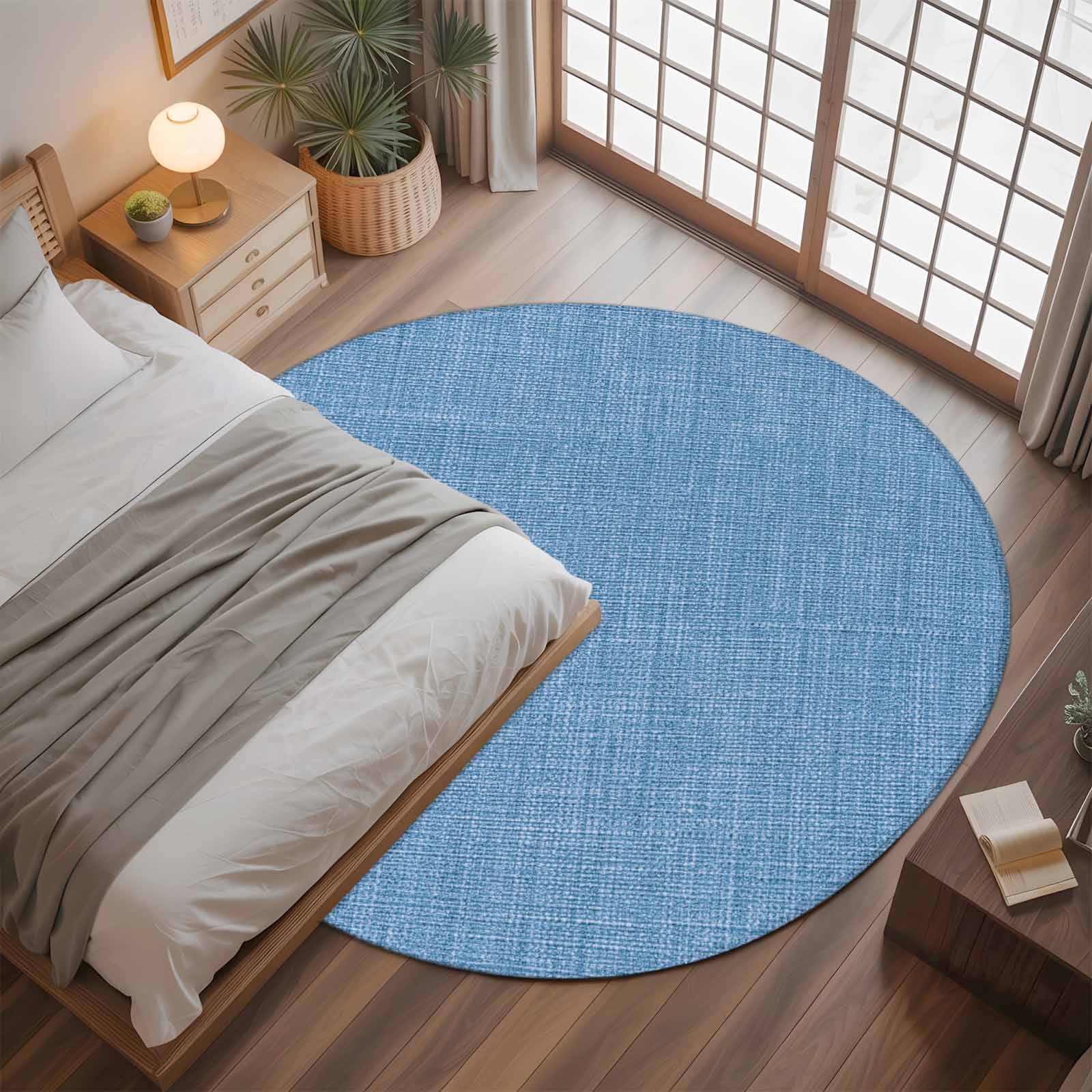 Blue 4ft Round Rug, Farmhouse Burlap Solid Blue Color Modern Linen Texture Non-Skid Rubber Backing Large Area Rugs - Living Room Bedroom Home Office, Indoor Floor Mat Carpets Washable Rug