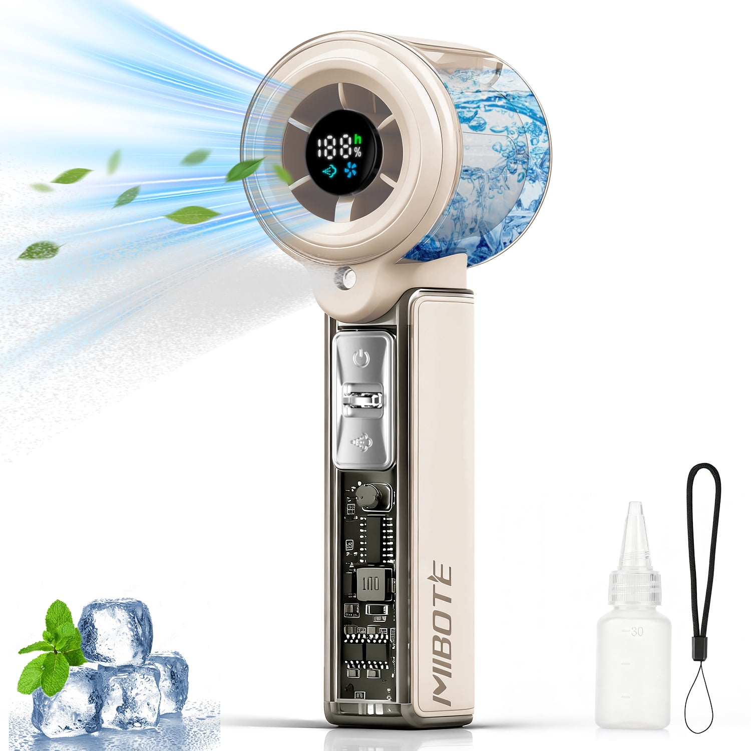 MIBOTE Handheld Rechargeable Misting Fan with Digital Display, 30ml Water Tank, Multiple Speeds, Portable for Outdoor and Travel –Khaki