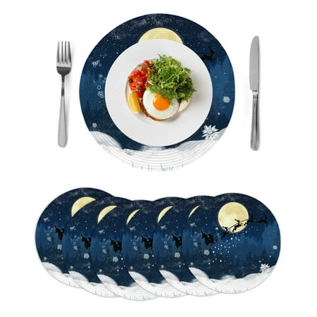 Christmas Round Table Placemats set of 6 Santa Claus Reindeer Washable Woven Place Mats for Dining Tables Kitchen Party Decor Heat Proof 15in Blue Snowy Night