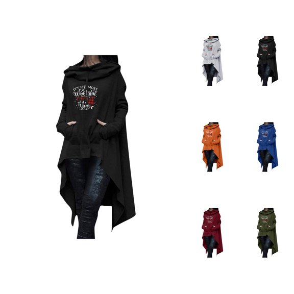 Christmas Hoodies for Women 2025 Long Sleeve Irregular Hem Xmas Graphic Hooded Sweatshirt with Pockets Pullover Tops