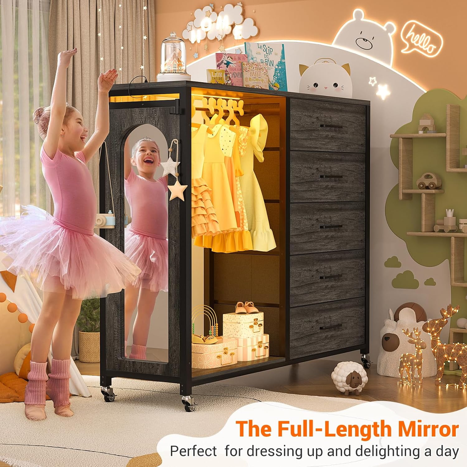 Homieasy Dresser for Bedroom with Clothes Rack & Mirror, Black 5 Drawers Dresser with Charging Station & LED Lights, Rolling Chest of Drawers with Wheels, Full Length Mirror, Wooden Top