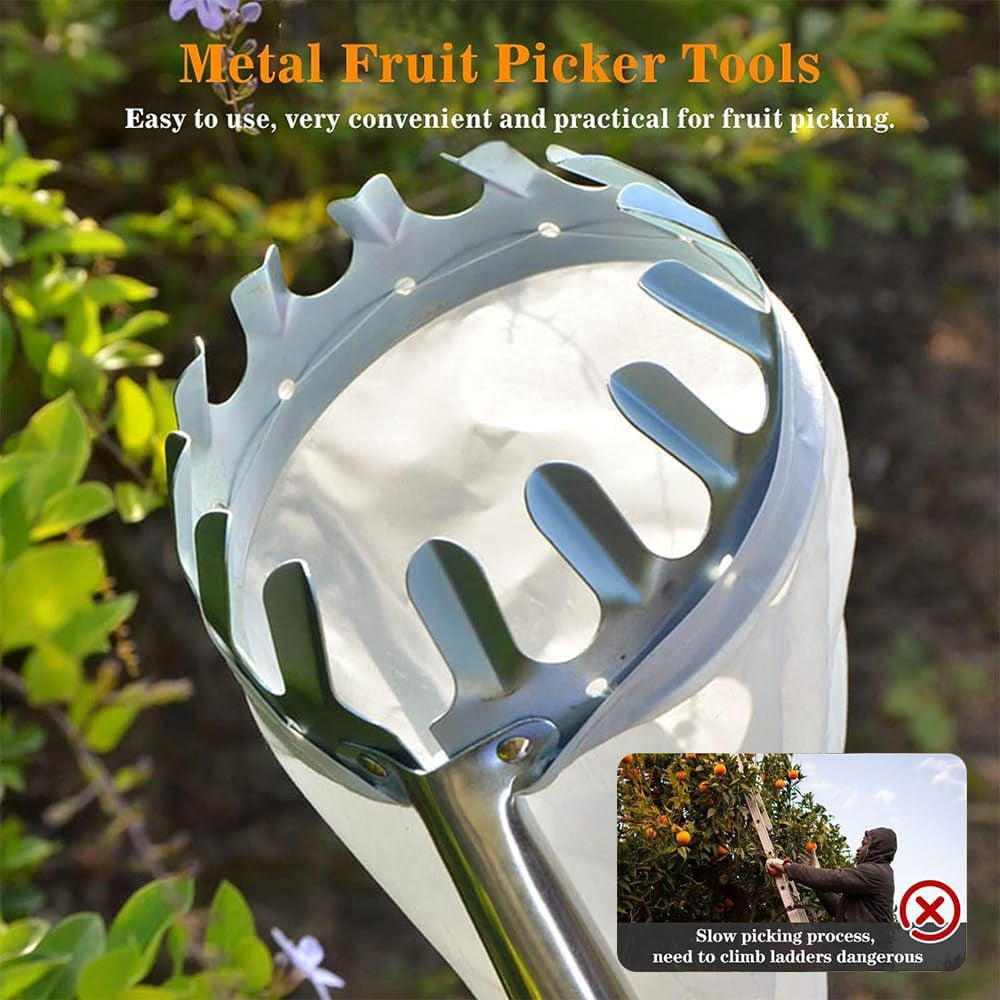Fruit Picker, Dingrich 2.8 m Apple Picker with Telescopic Handle, Extendable Reach Metal Picker with Cotton Bag, Food Picking Equipment with Non-Slip Grip Handle for Garden Tool