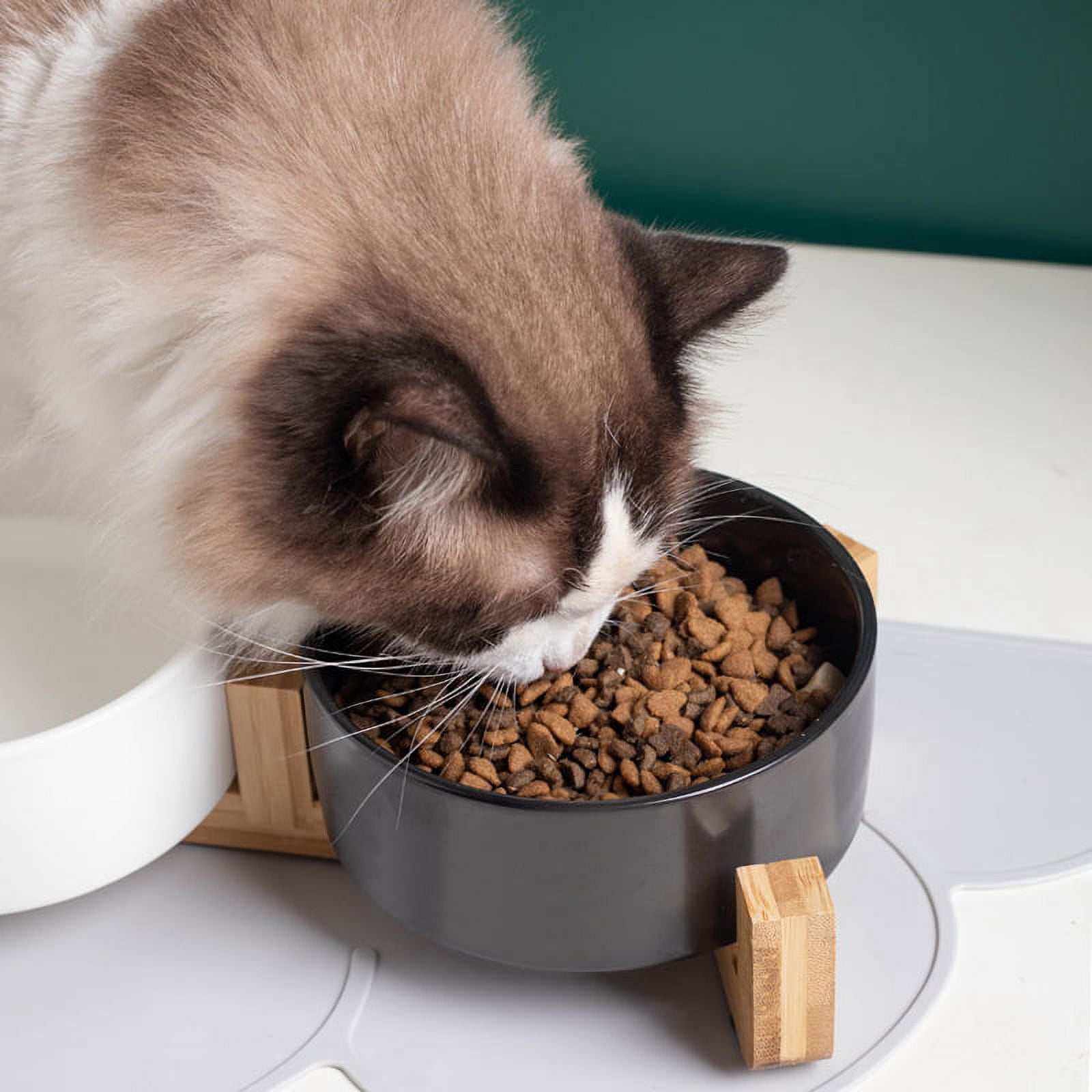 Ceramic Dog and Cat Bowl Set with Wooden Stand, Modern Cute Weighted Food Water Set for Small Size Dogs (11.8OZ) & Medium Sized Dogs (20.2OZ) & Larger Size Dogs(33.8OZ)