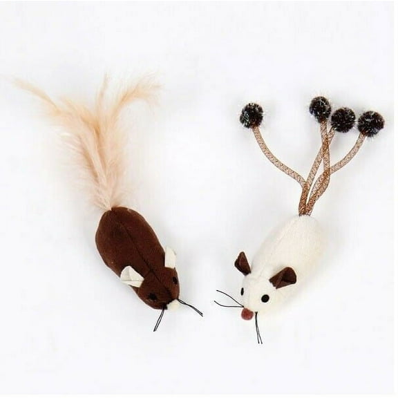 Cat Toys 2 Pack Interactive Fun Plush Mice Ribbon Feather Ball Pick Characters (Long Tail Mice)