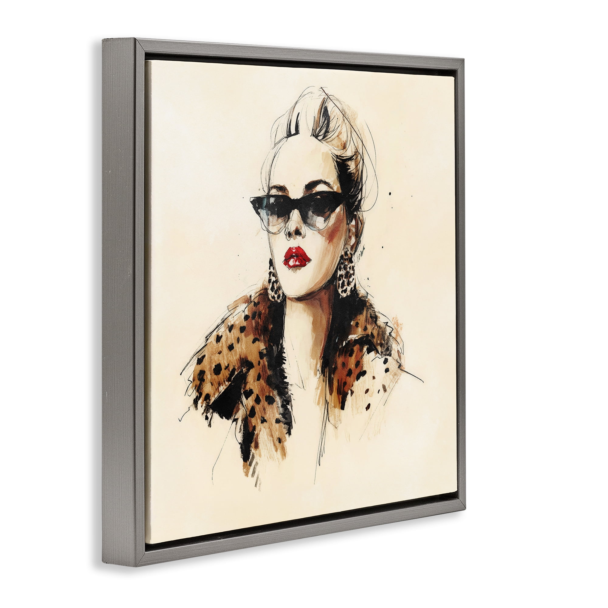 Stupell Industries Glam Leopard Sonata Portrait Gray Framed Floater Canvas Wall Art, design by Svetlana Aleynikova